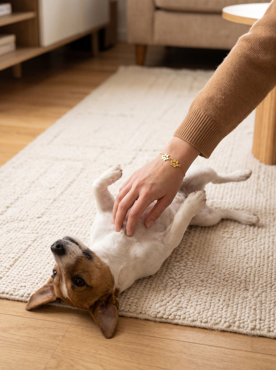 Main portant un bracelet patte en or qui gratte le ventre d'un jack russell