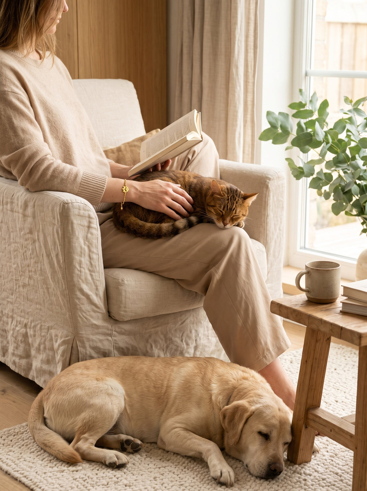Femme qui lit avec un chat sur les genoux et un chien à ses pieds, bracelet patte en or