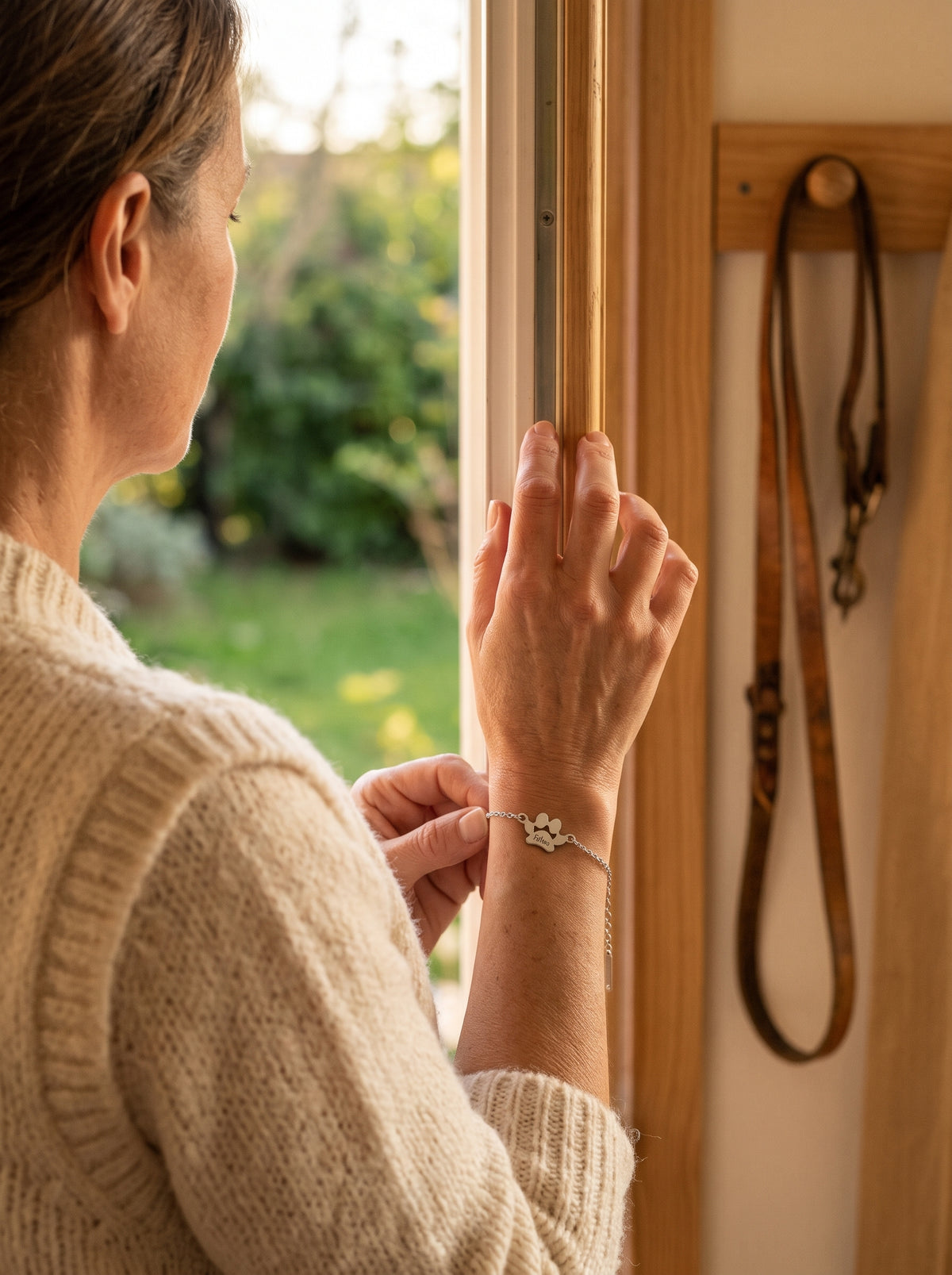 Femme à la fenêtre qui touche son bracelet souvenir en argent, une vieille laisse accrochée au mur