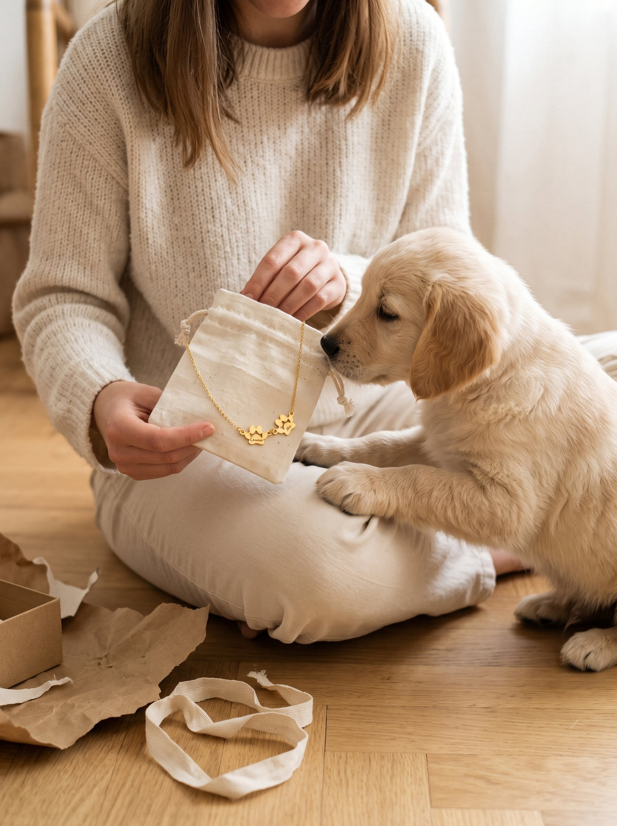 Chiot golden retriever qui renifle une pochette contenant un bracelet patte en or